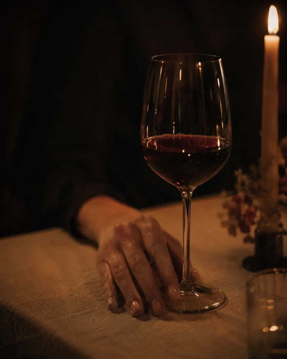 A candlelit table set for an intimate dinner.